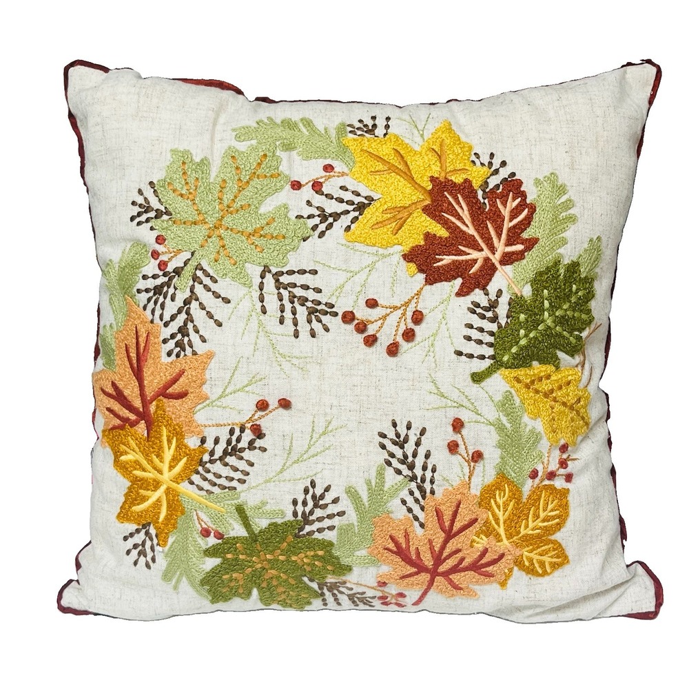Pier 1 Imports Autumn Leaf Wreath Embroidered Throw Pillow Fall Decor 11x11